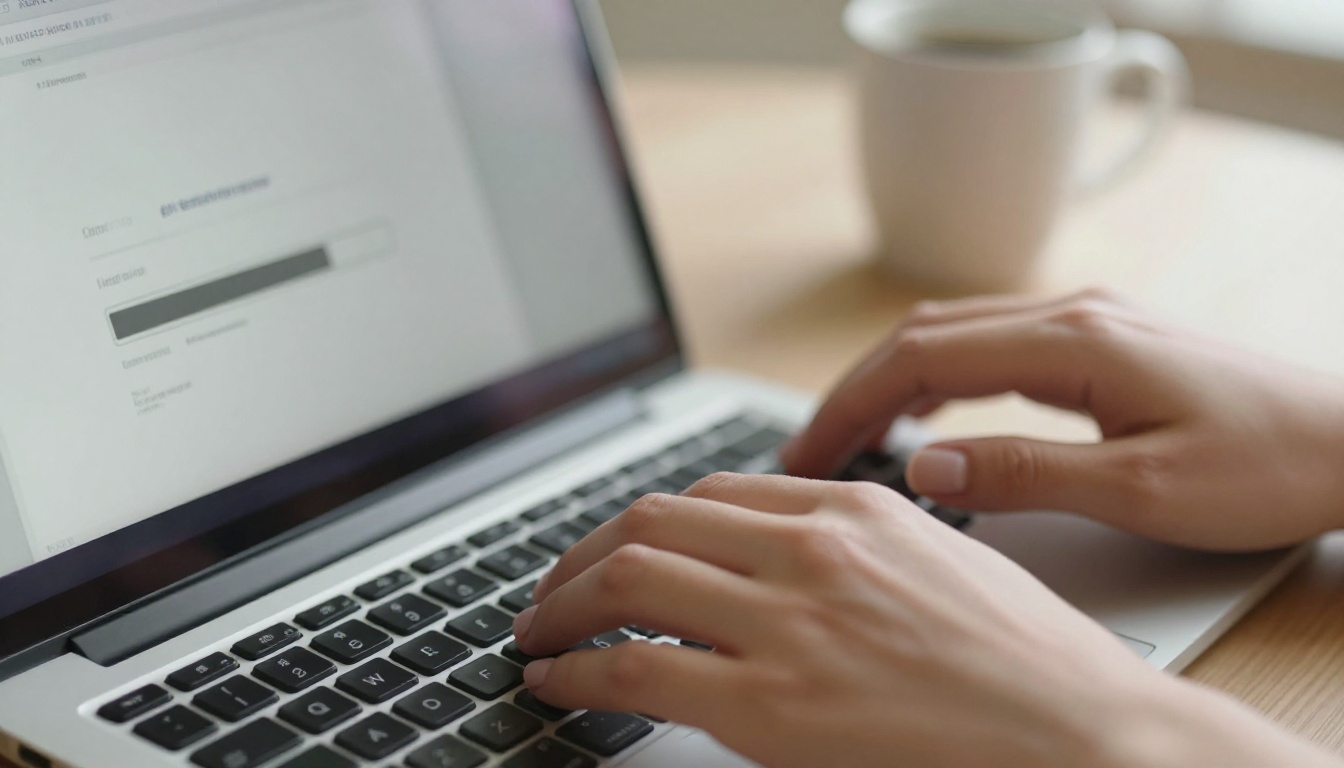 Close-up of hands hovering over MacBook keyboard with PDF upload interface and progress bar on screen