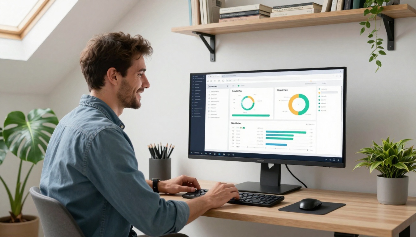 Entrepreneur reviewing flipbook analytics dashboard on large widescreen monitor