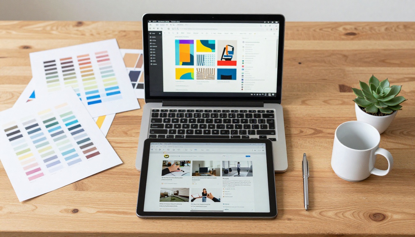 Creative workspace aerial flat lay with laptop, tablet showing digital publications, design papers and color swatches on oak desk