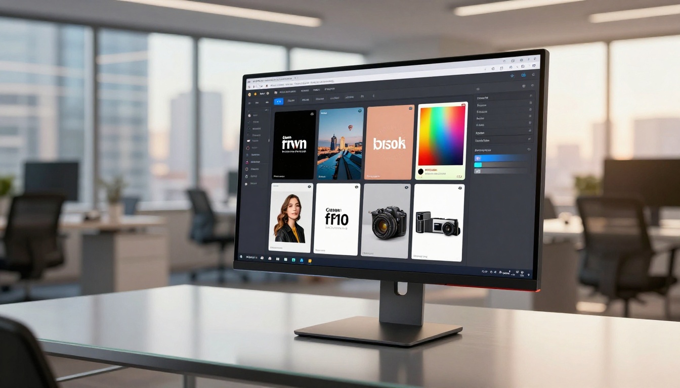 Low-angle shot of widescreen monitor displaying flipbook customization interface with color palettes and branding panels, city skyline through office windows behind