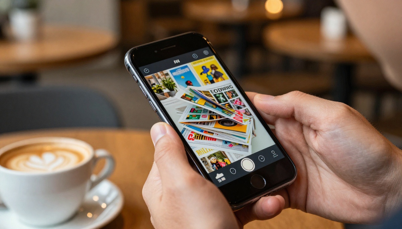 Man's hands holding smartphone horizontally showing a digital flipbook page-turn animation in a warm cafe environment