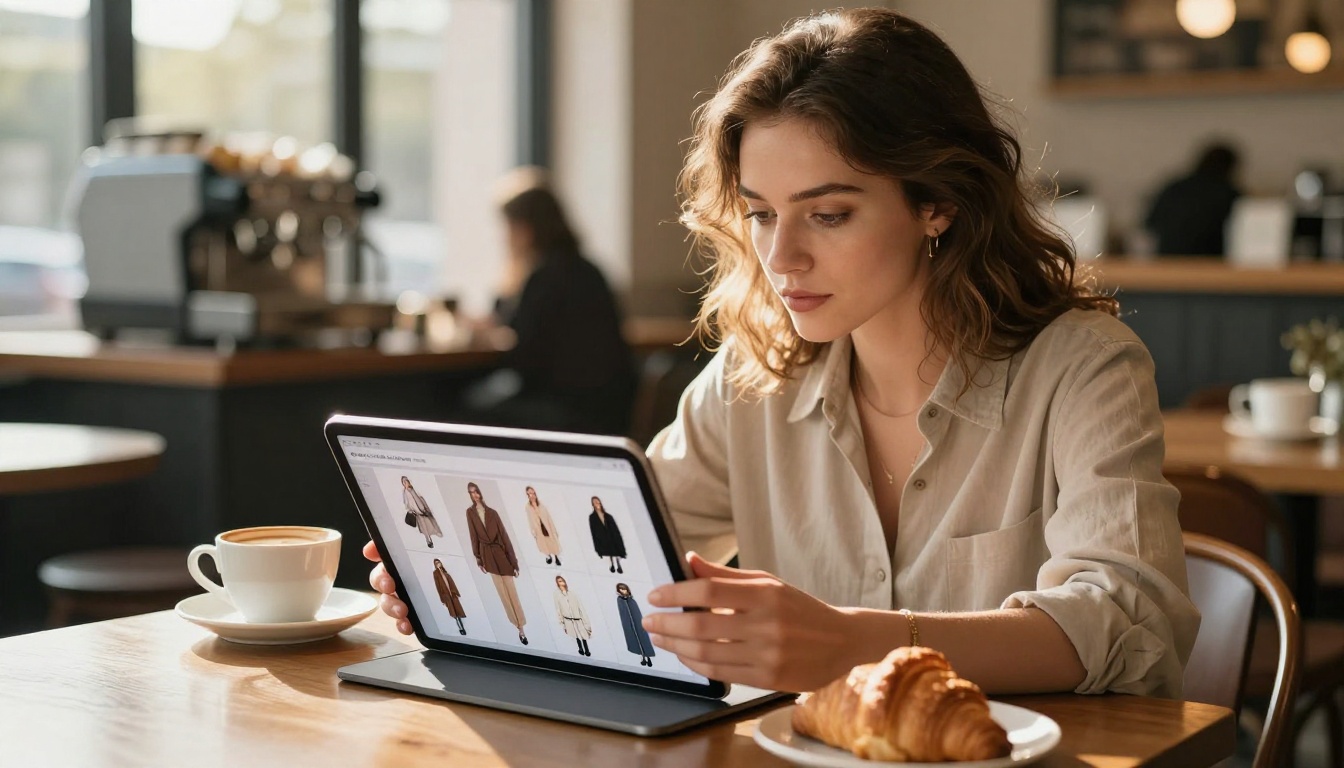 Woman reviewing fashion lookbook on iPad Pro in a modern cafe, rim light on hair from large windows, coffee and croissant softly blurred in foreground