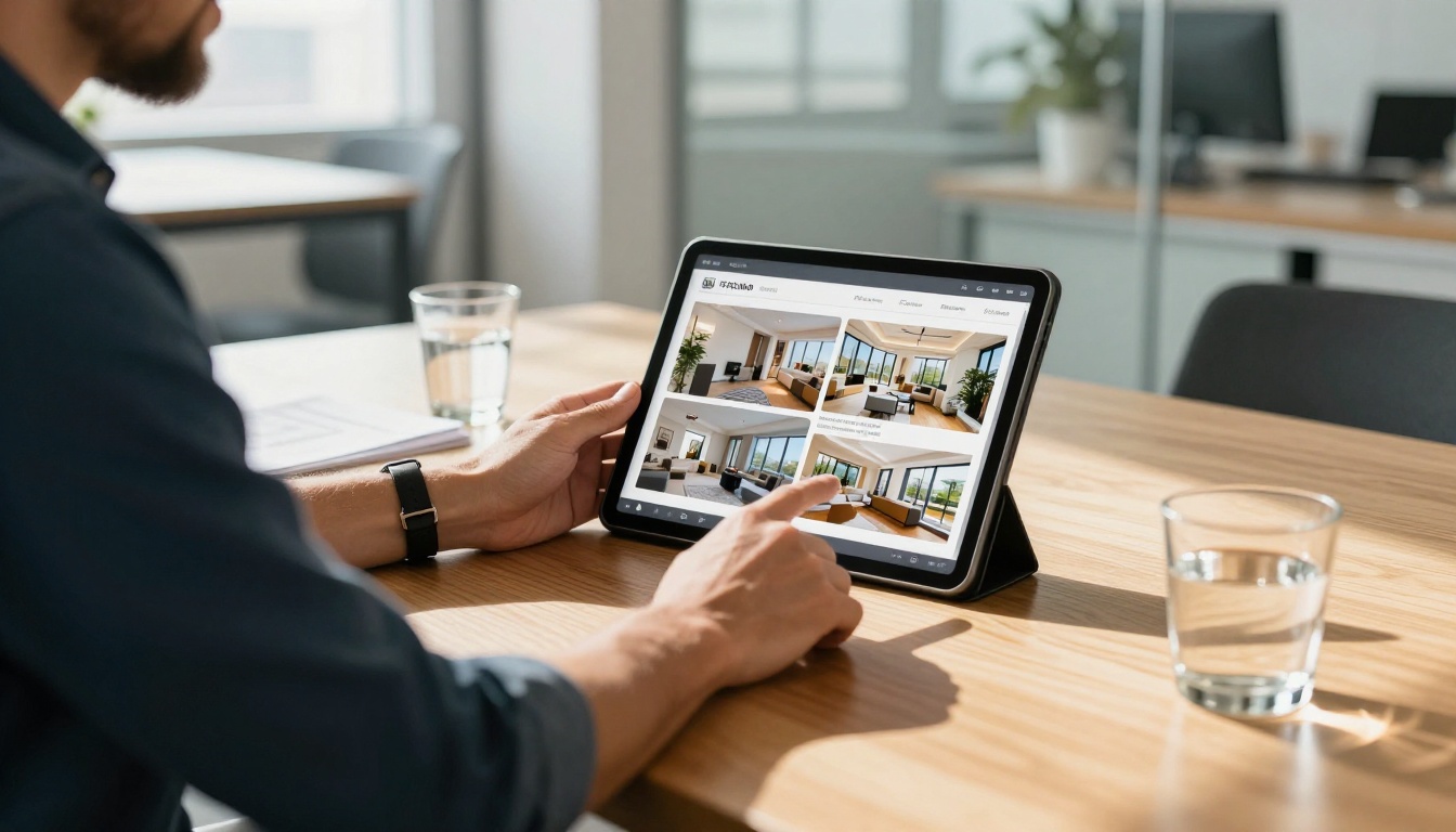 Real estate agent in business casual attire showing digital property brochure flipbook on tablet to clients across a bright office table