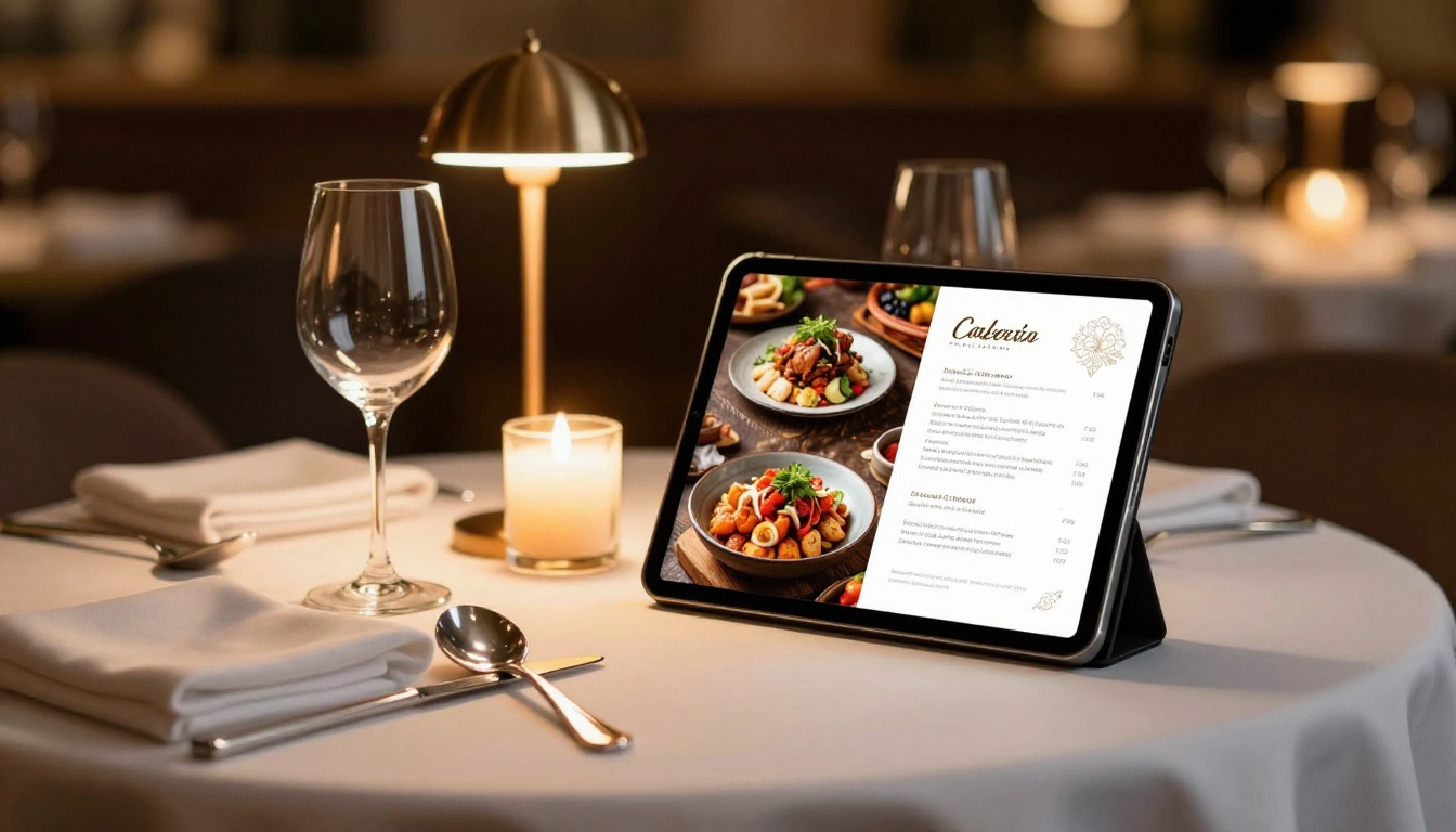Elegant restaurant dining table with tablet on stand showing beautifully designed digital menu flipbook, warm candle light with wine glasses and silverware
