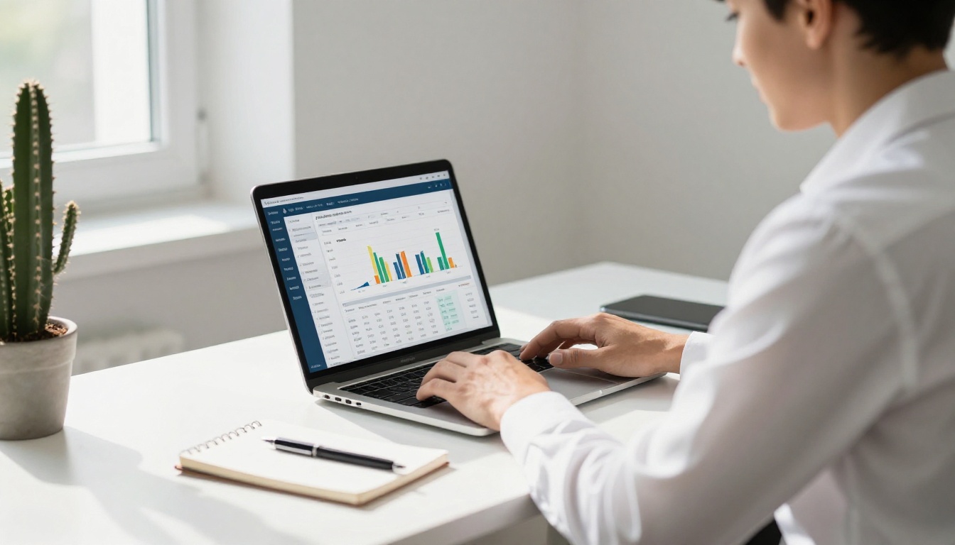 Business professional in white shirt reviewing flipbook analytics dashboard on laptop in bright minimalist office, cool daylight from right window