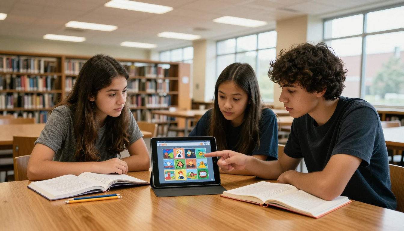 Students collaborating on a digital school project at the library