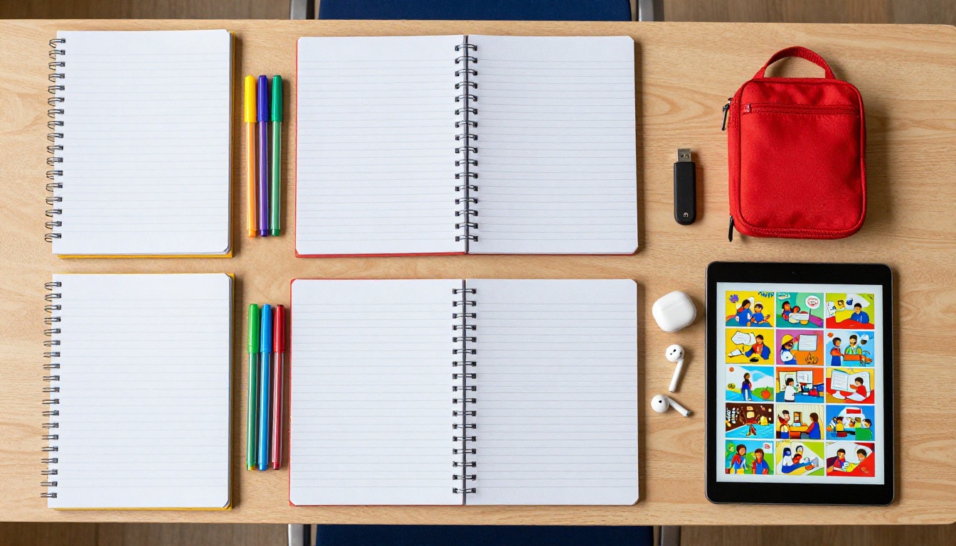 Flat lay of student school supplies and tablet showing flipbook interface
