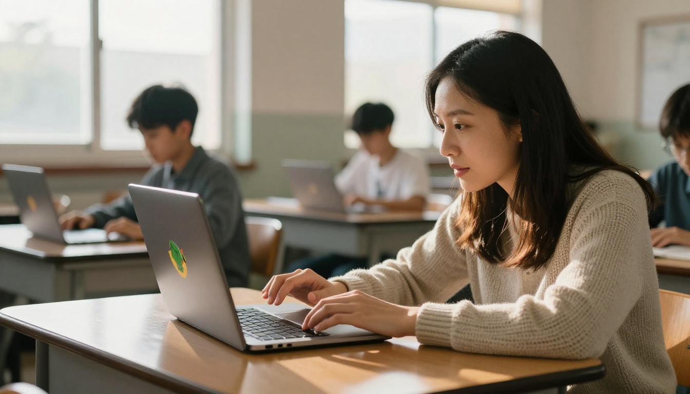 Teacher reviewing student's interactive digital project on laptop