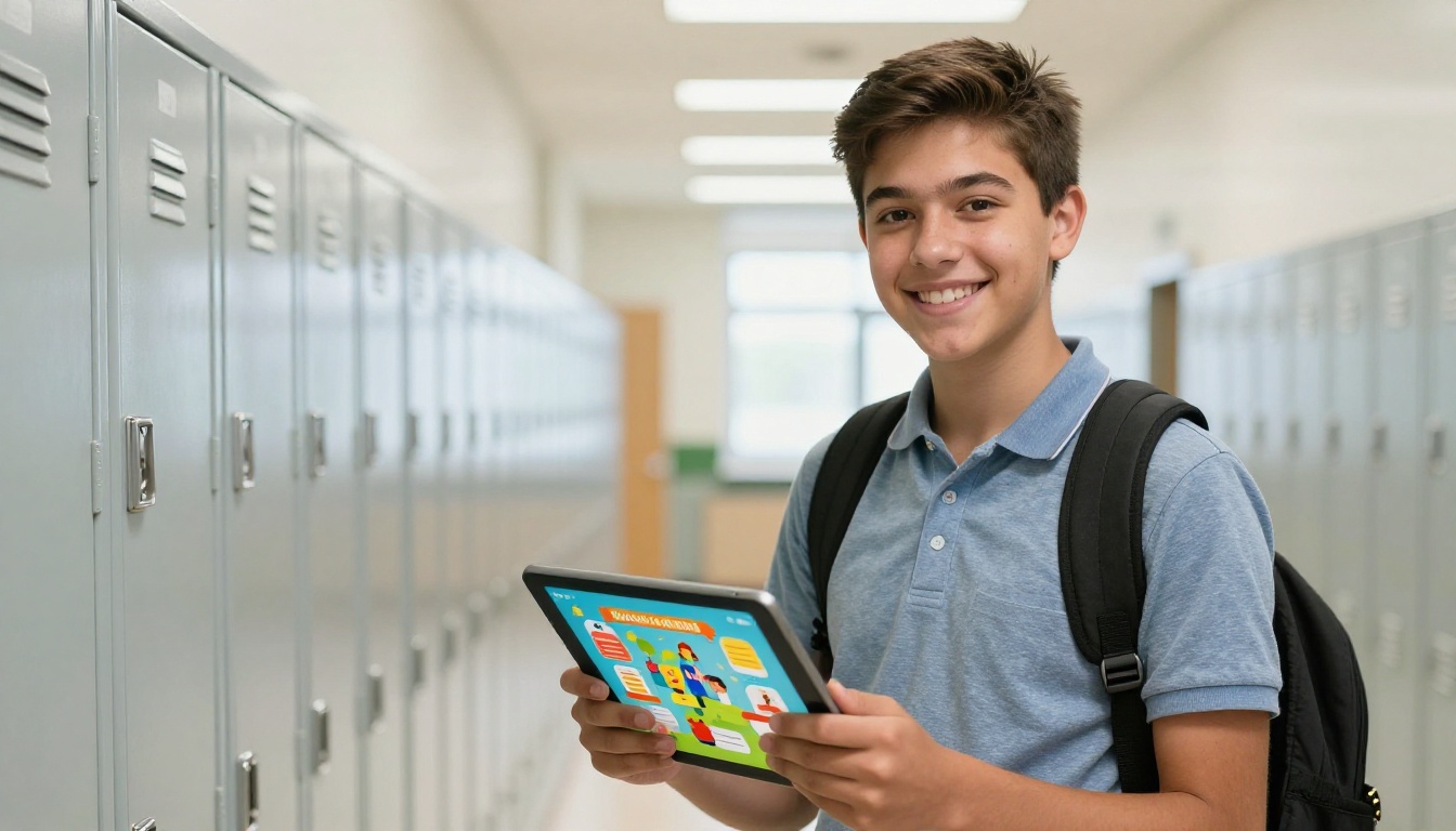 Student proudly holding tablet with interactive flipbook in school hallway