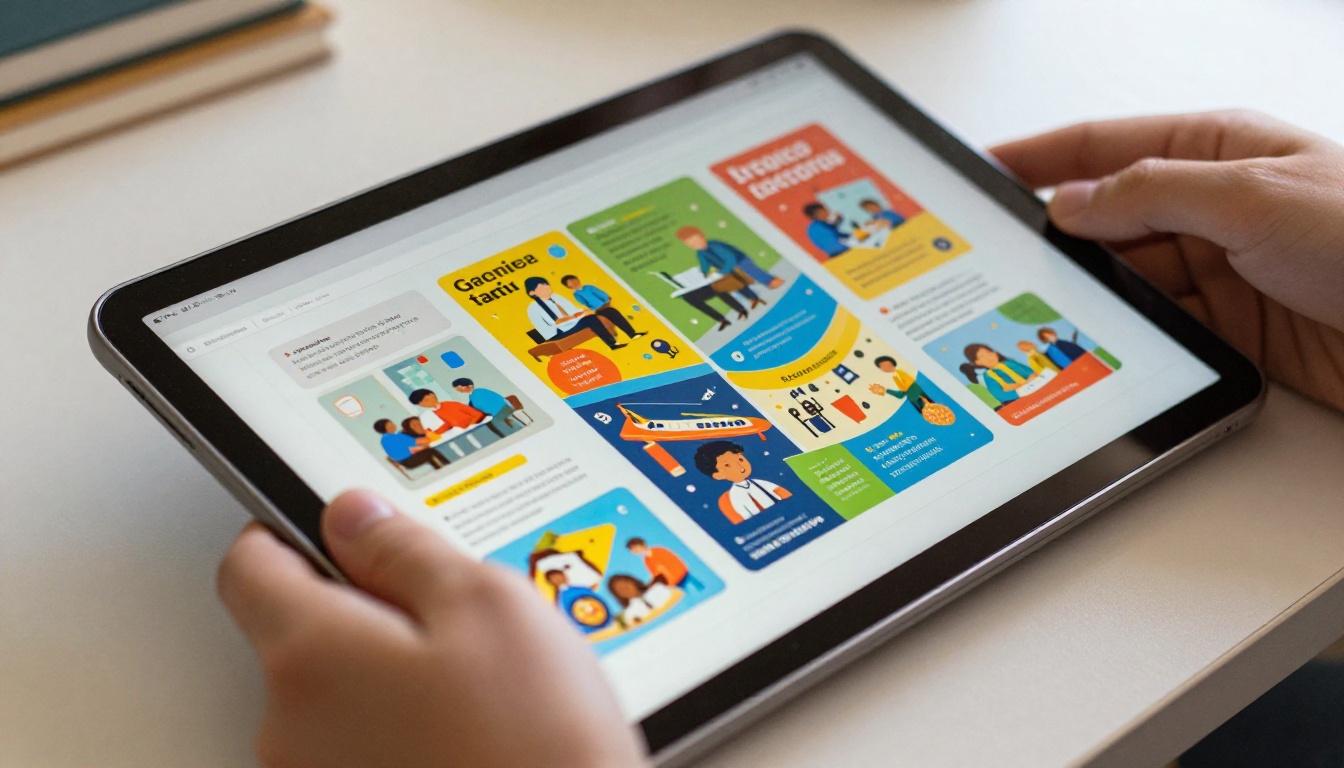 Close-up of tablet screen showing detailed interactive flipbook pages