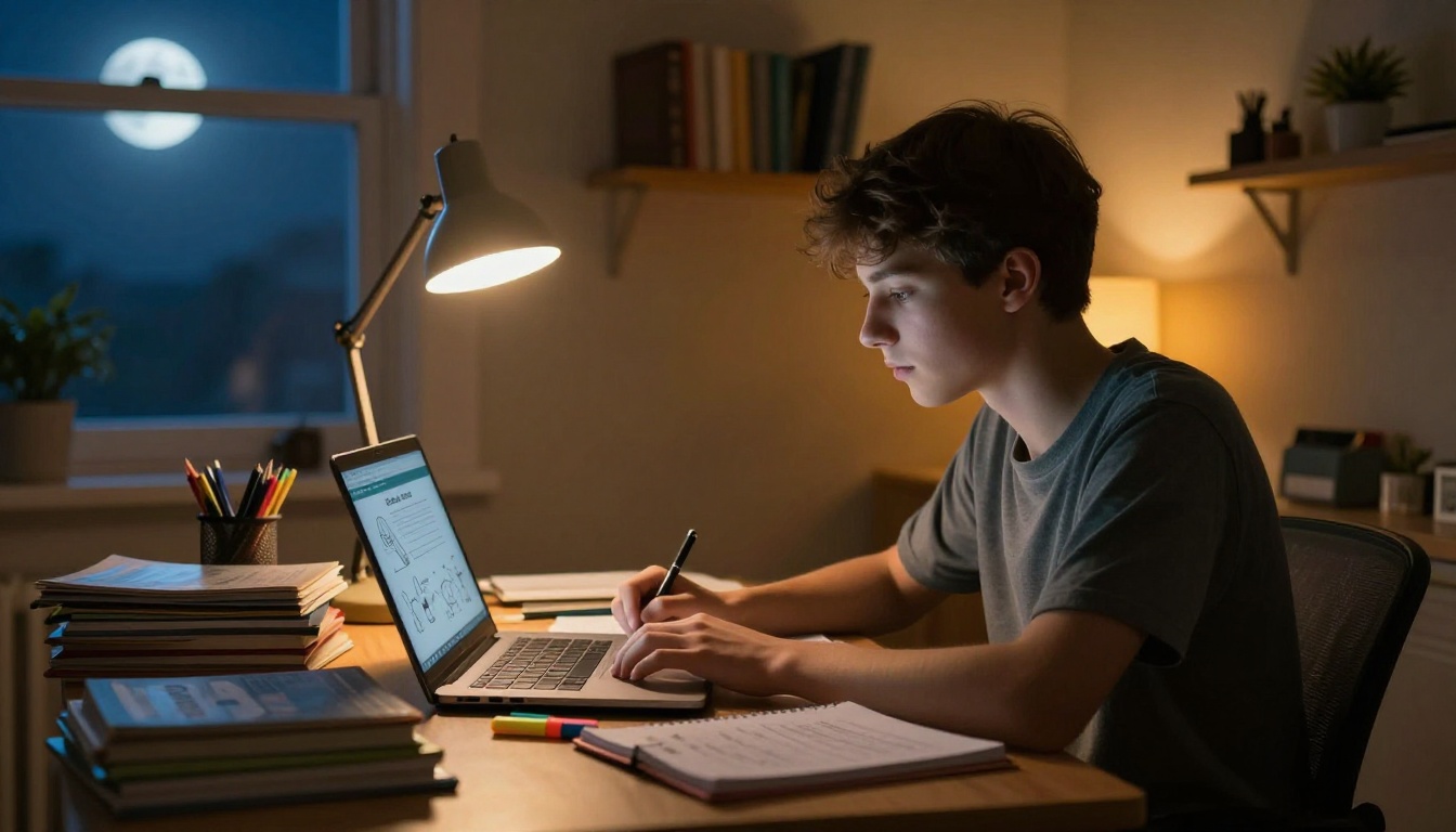 Student studying at home desk at night with warm lamp light