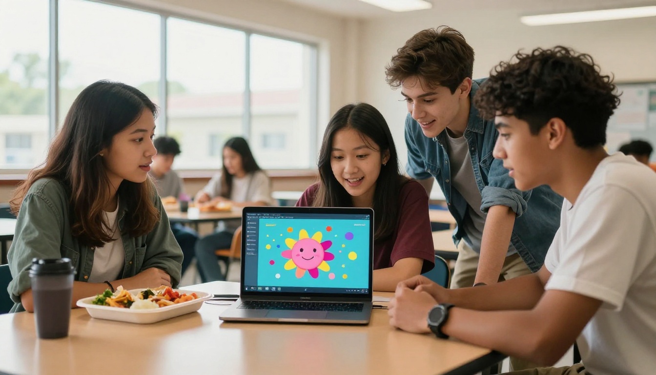 Group of students sharing a digital project in the school cafeteria