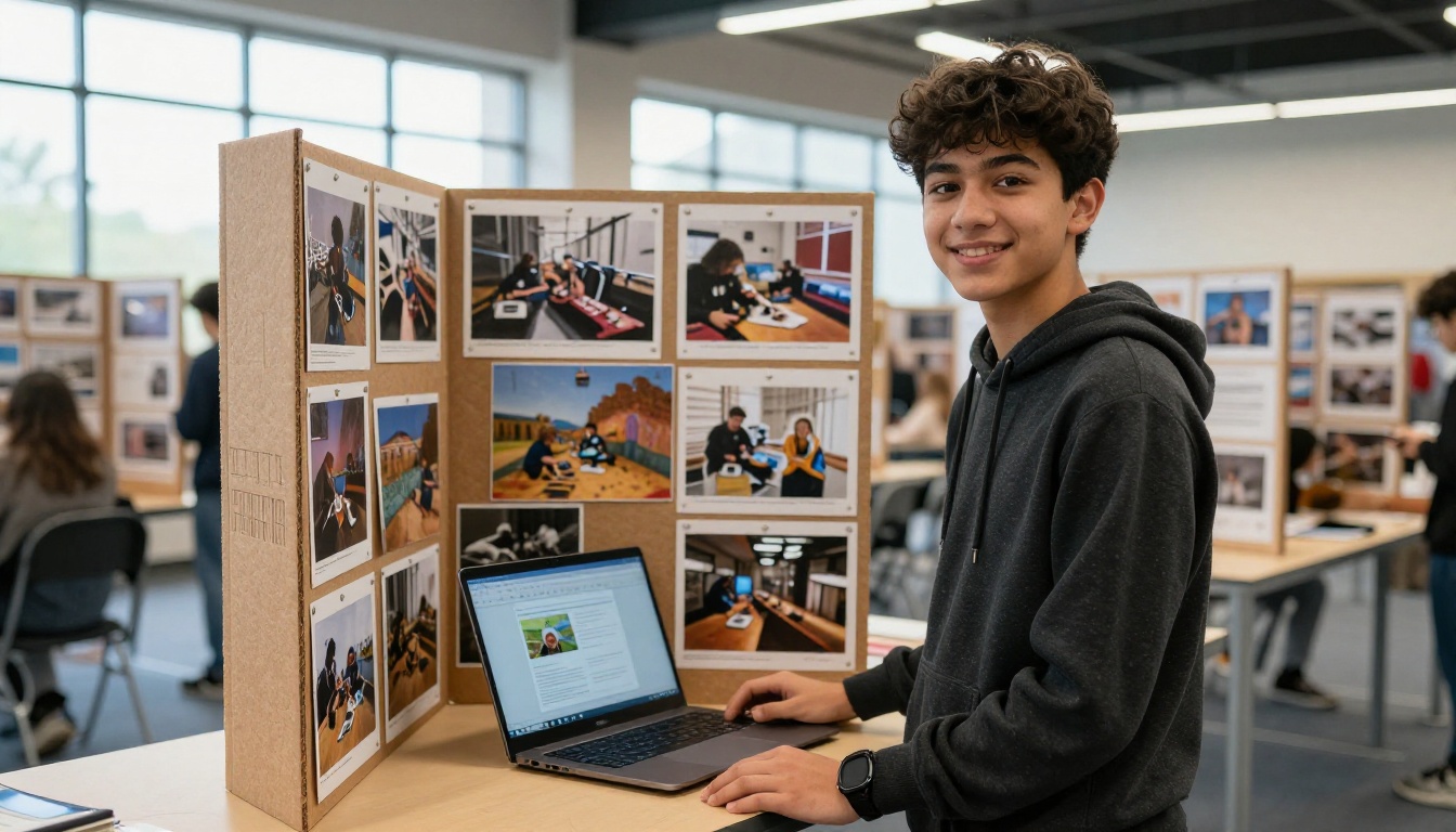 Student presenting science fair project with digital flipbook on laptop