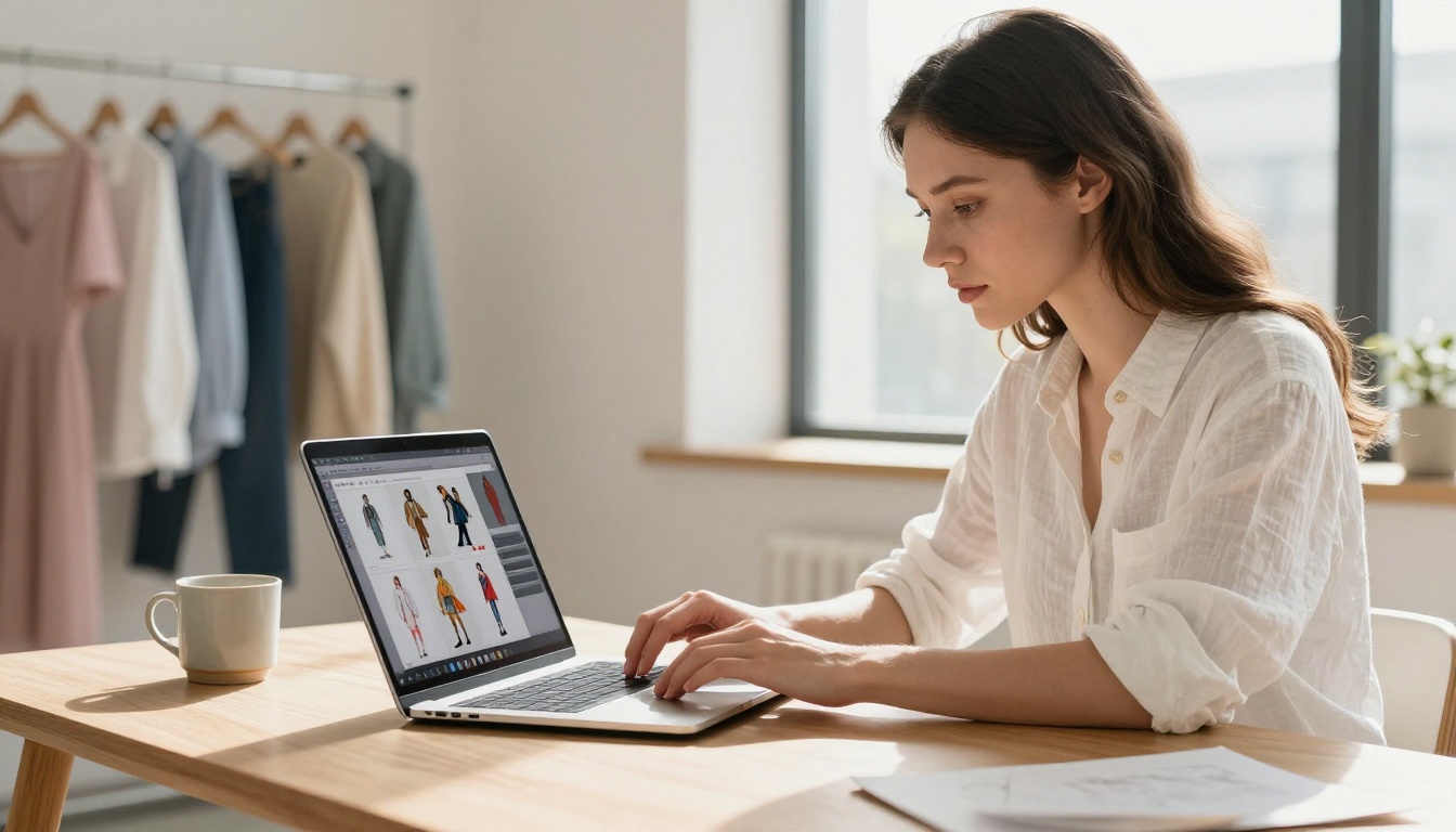 Designer uploading a fashion PDF in a Scandinavian-style studio