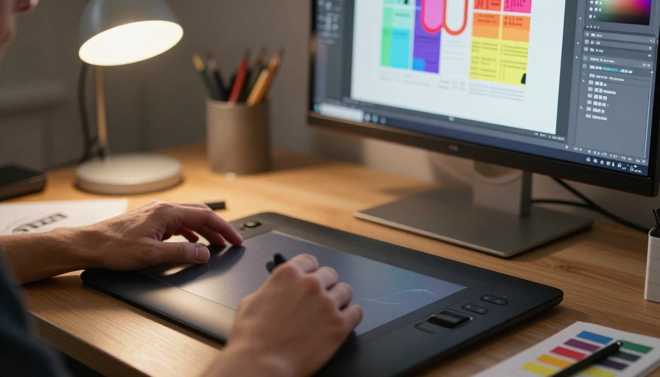 Designer working on Photoshop artboards with multiple layout compositions visible on monitor