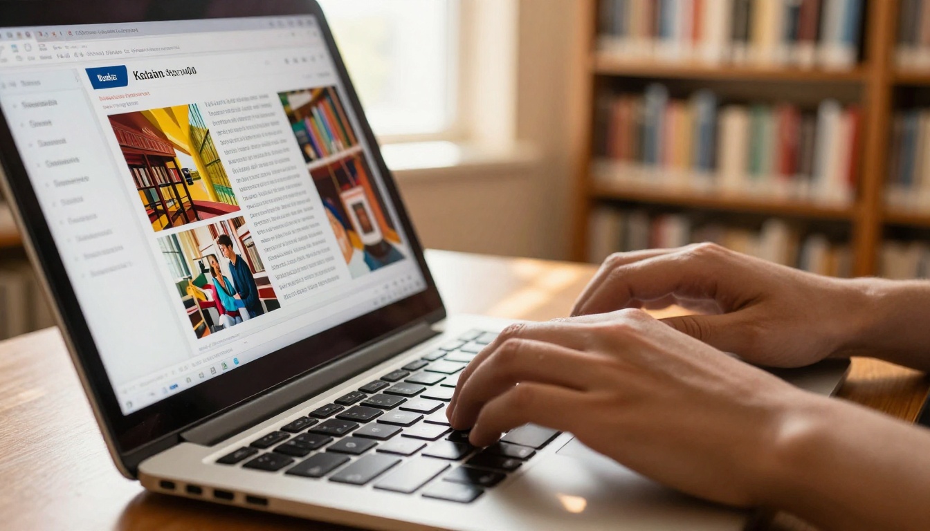 Student hands converting PDF to flipbook on laptop with library background