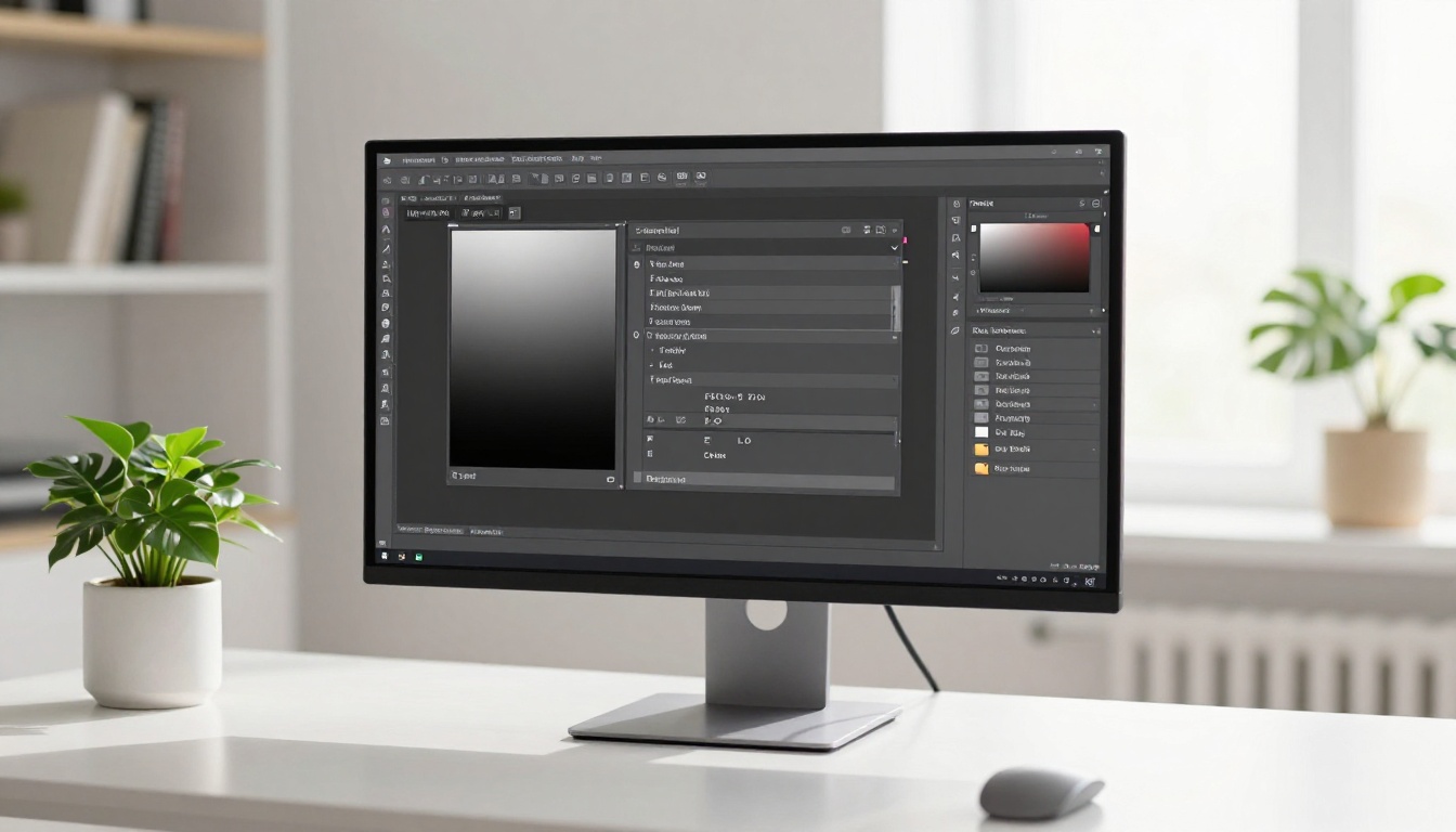 Designer at workstation reviewing PDF export settings on large monitor