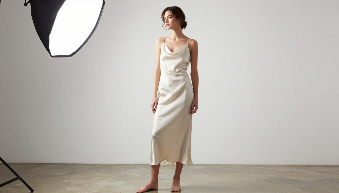 Stylish woman in a flowing cream silk dress in a minimal white studio