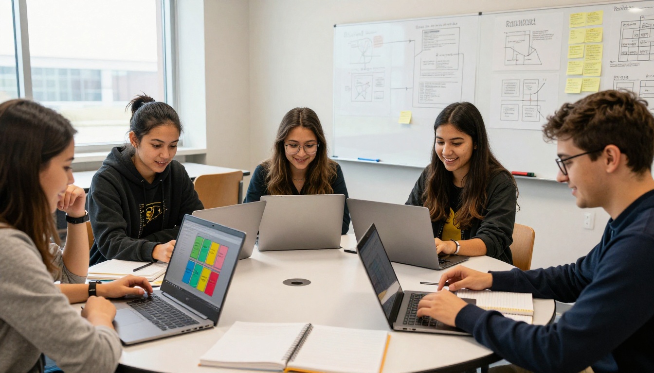 Group of diverse college students collaborating around tablets and laptops in a bright modern study room