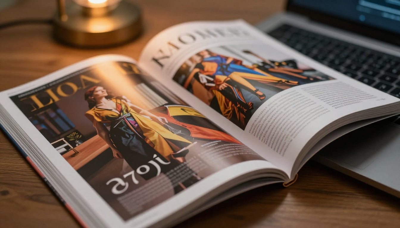 Editorial magazine pages in mid-turn showing interactive page-flip animation on screen