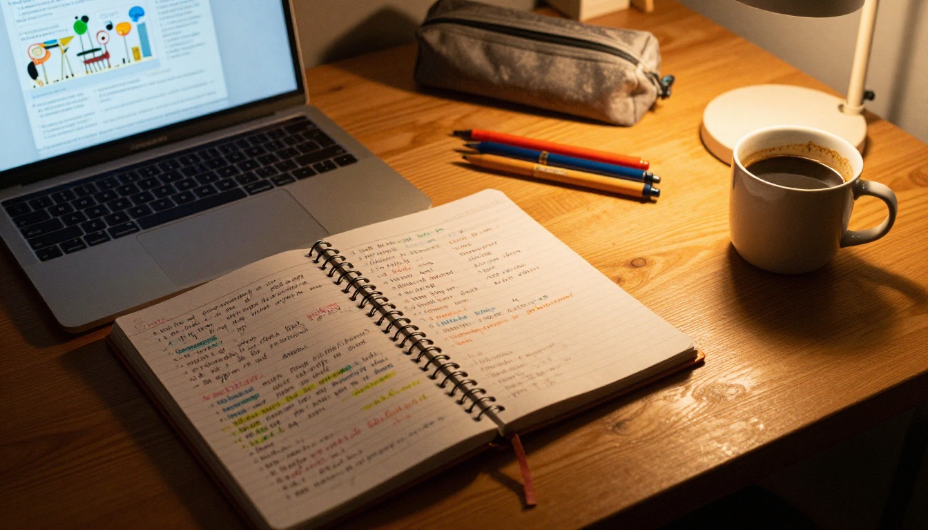 Low-angle desk view showing laptop with flipbook animation, notebook, coffee mug, and colored pens in warm lamp light