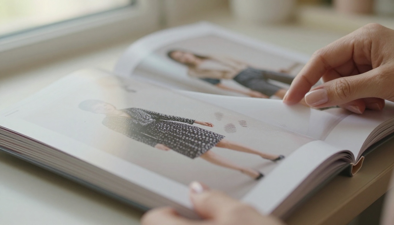 Close-up of elegant hands turning the glossy pages of a fashion lookbook