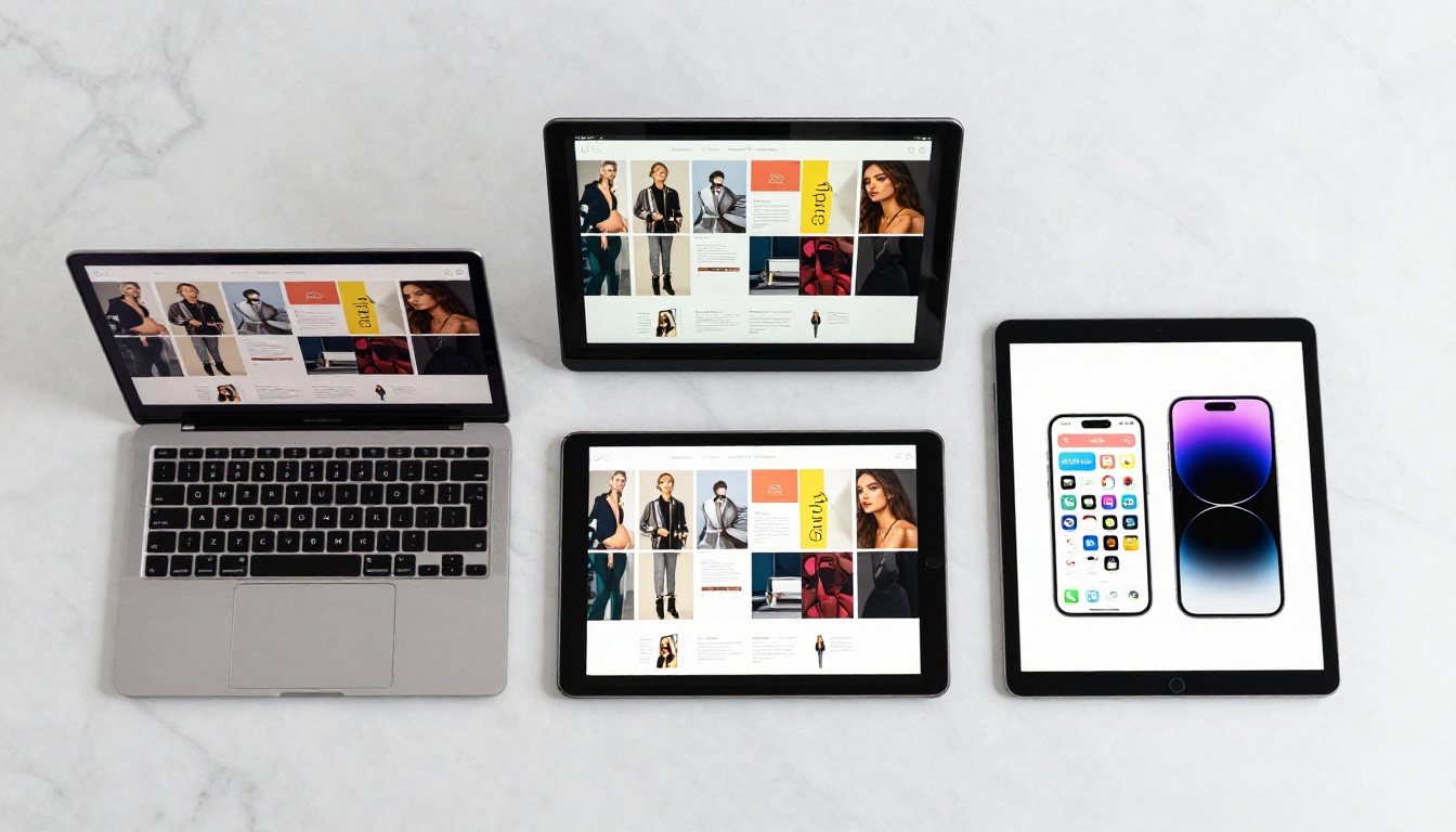 All three devices showing the same flipbook in responsive mobile and desktop views