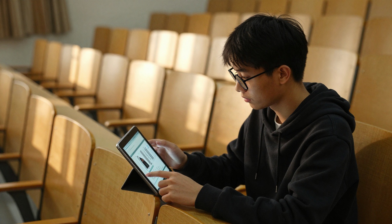 Young male student with glasses using tablet to view digital flipbook in university lecture hall