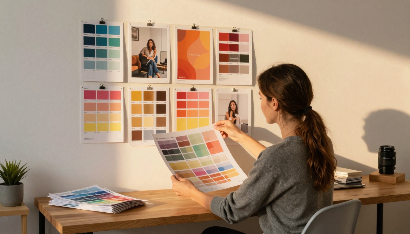 Designer reviewing color palettes and design mockups in a creative studio