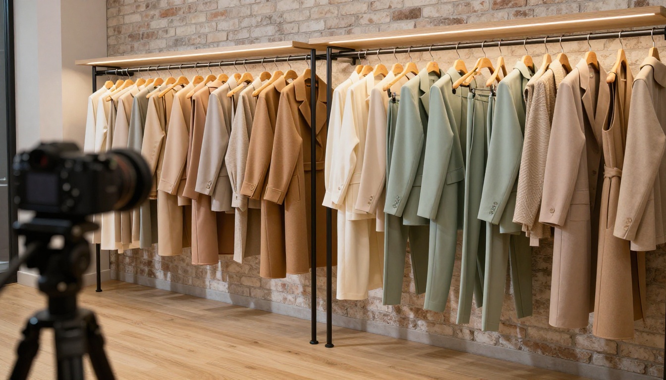 Organized clothing rack in a fashion studio ready for a lookbook shoot