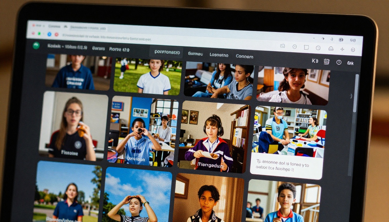 Macro close-up of laptop screen showing sharp digital flipbook page-turn animation with student reflection