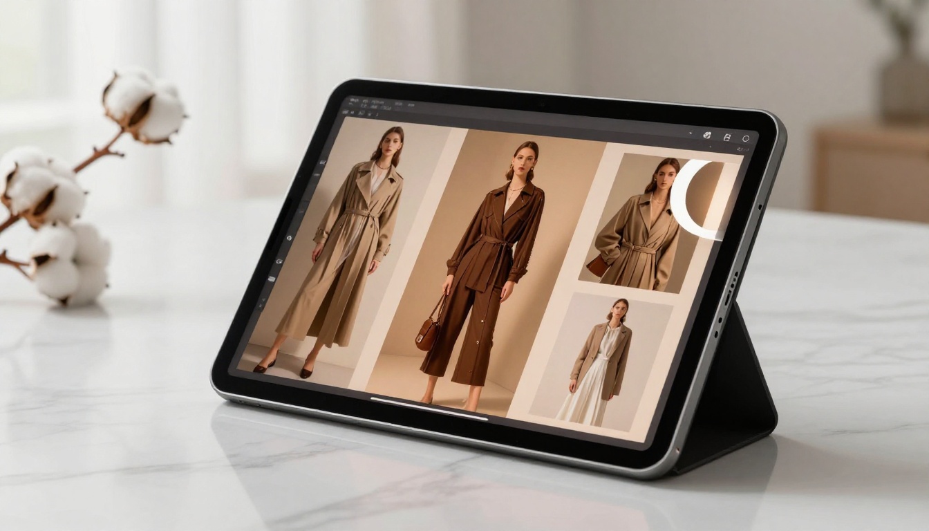 Sleek tablet on marble surface displaying a digital lookbook with a page curl effect