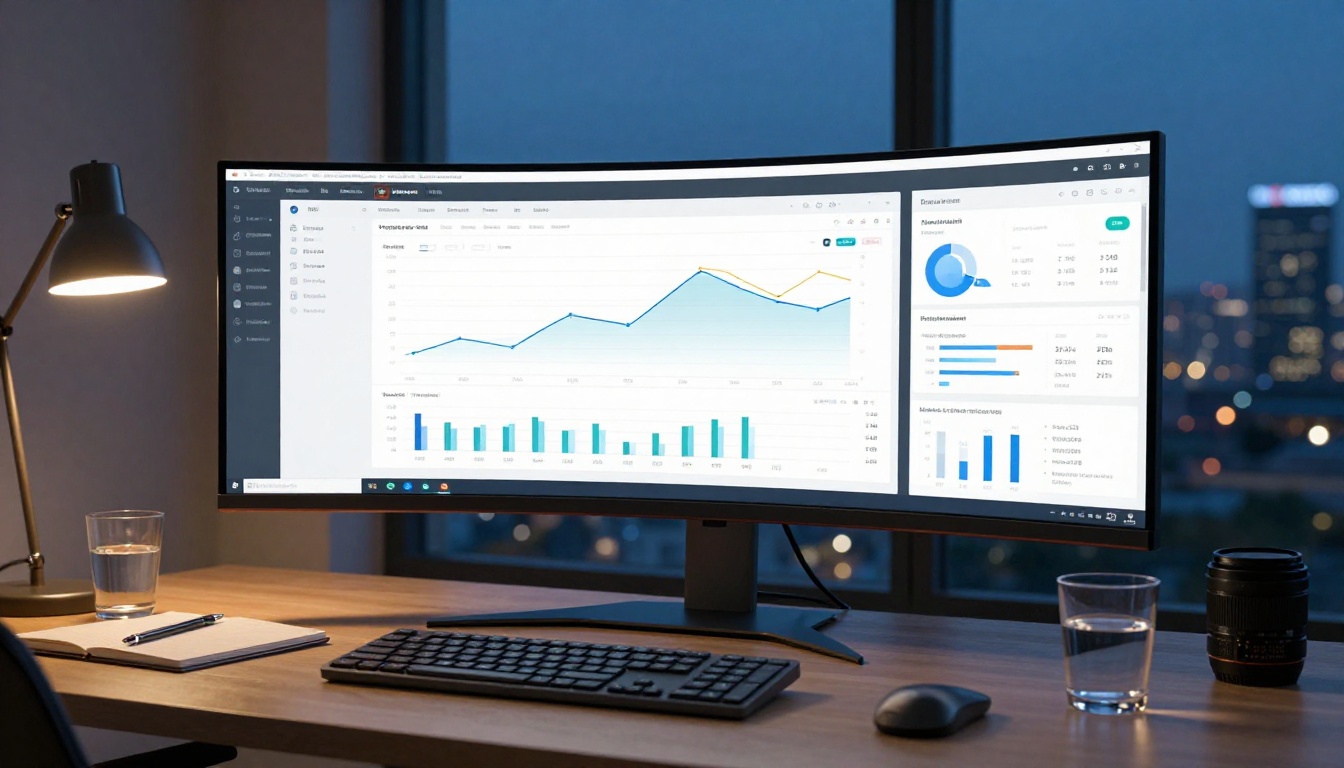 Analytics dashboard showing page view graphs and visitor activity metrics on curved ultrawide monitor