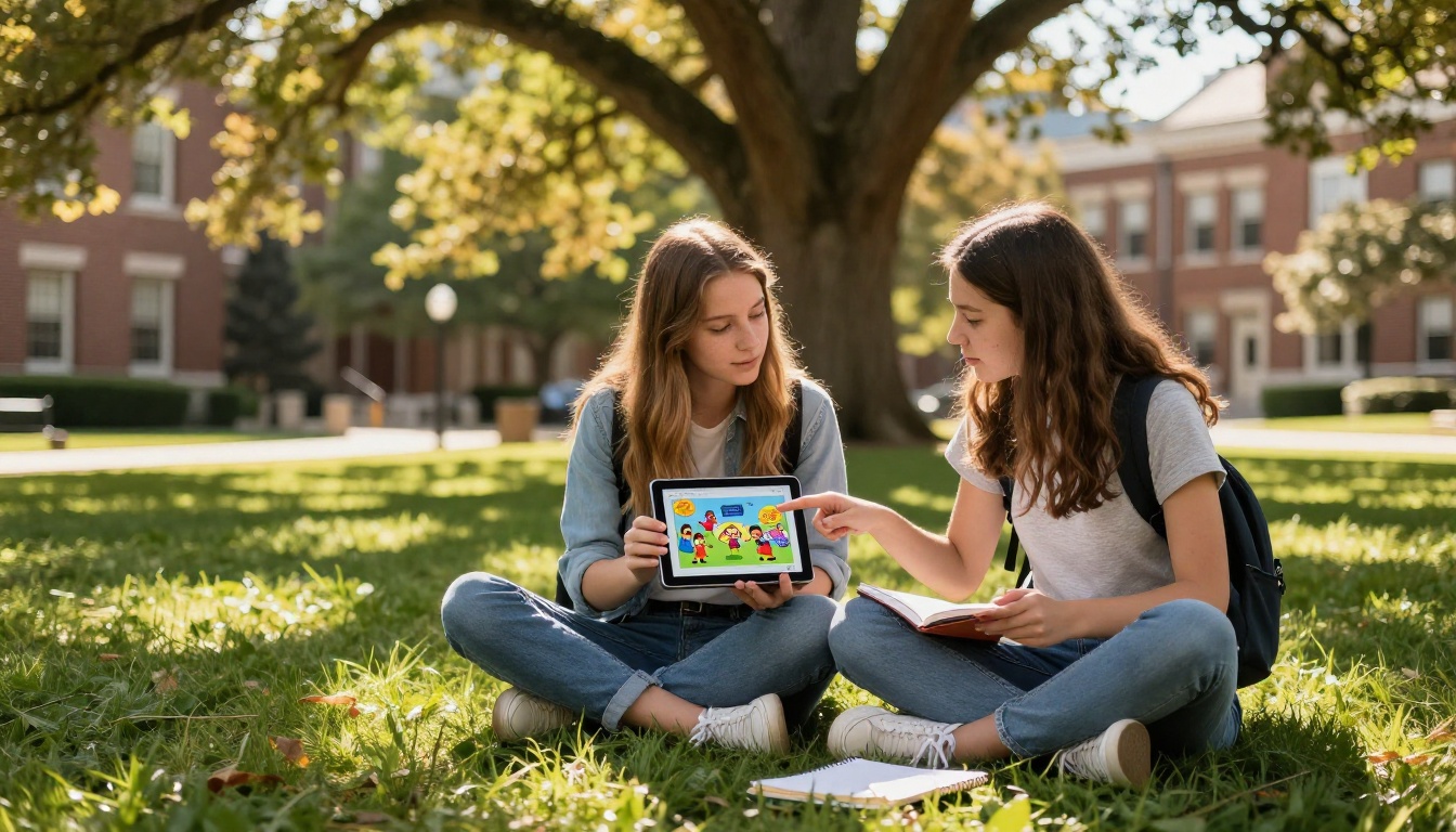 Two female students on sunny university campus lawn, one showing colorful flipbook project on tablet to the other