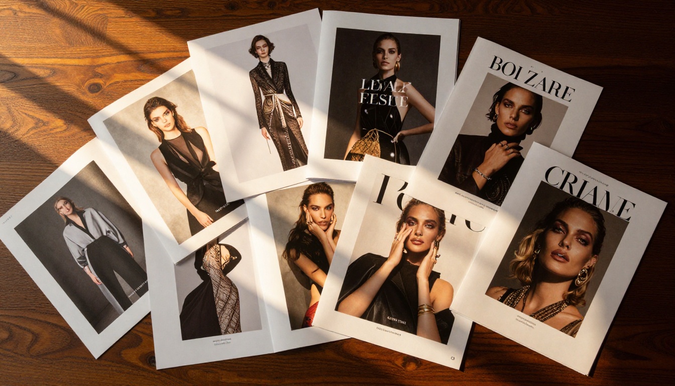 High-fashion editorial portfolio pages laid out on dark walnut surface showing rich typography and photography