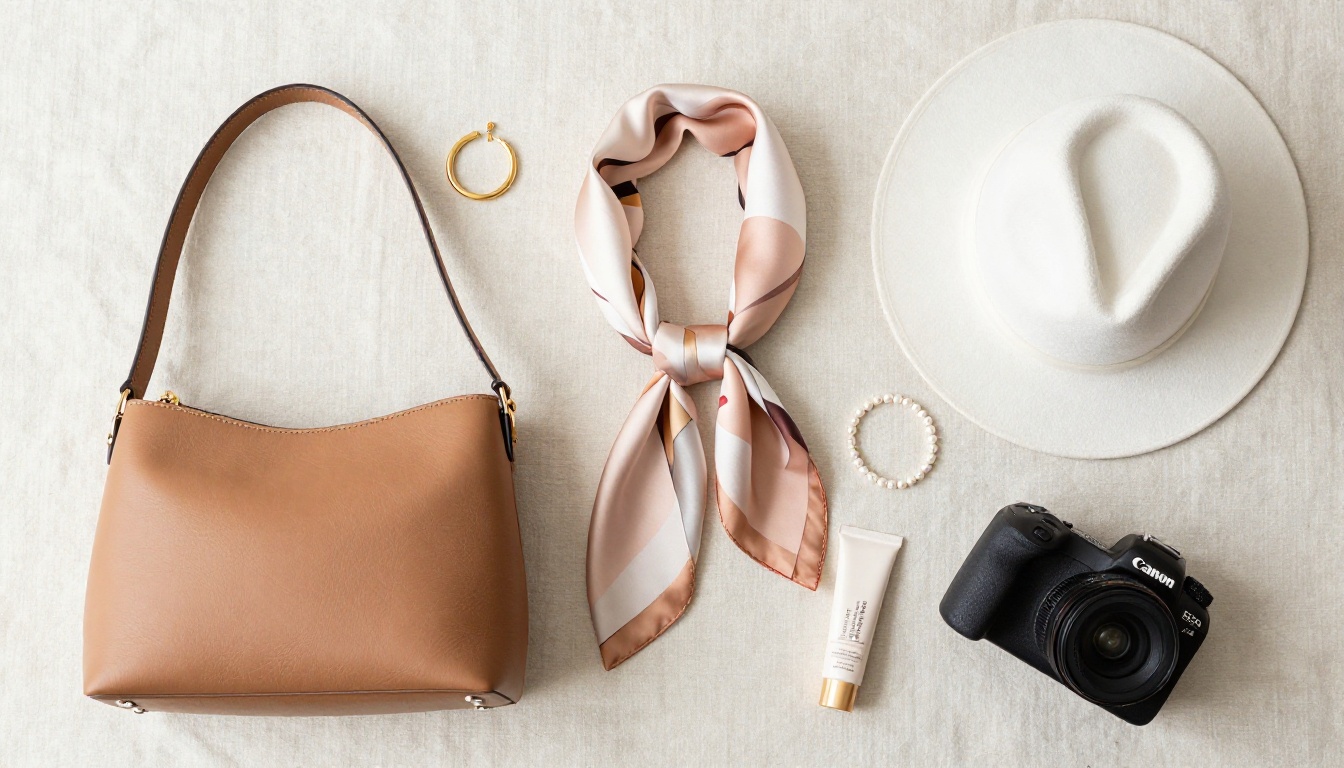Fashion accessories flat lay on cream linen for a lookbook editorial spread