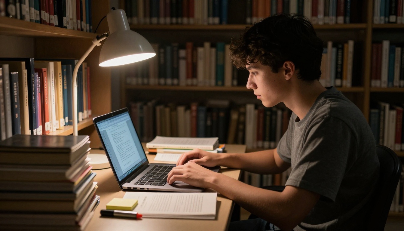 Student studying alone at university library desk late at night with warm overhead reading lamp and bookshelves in background