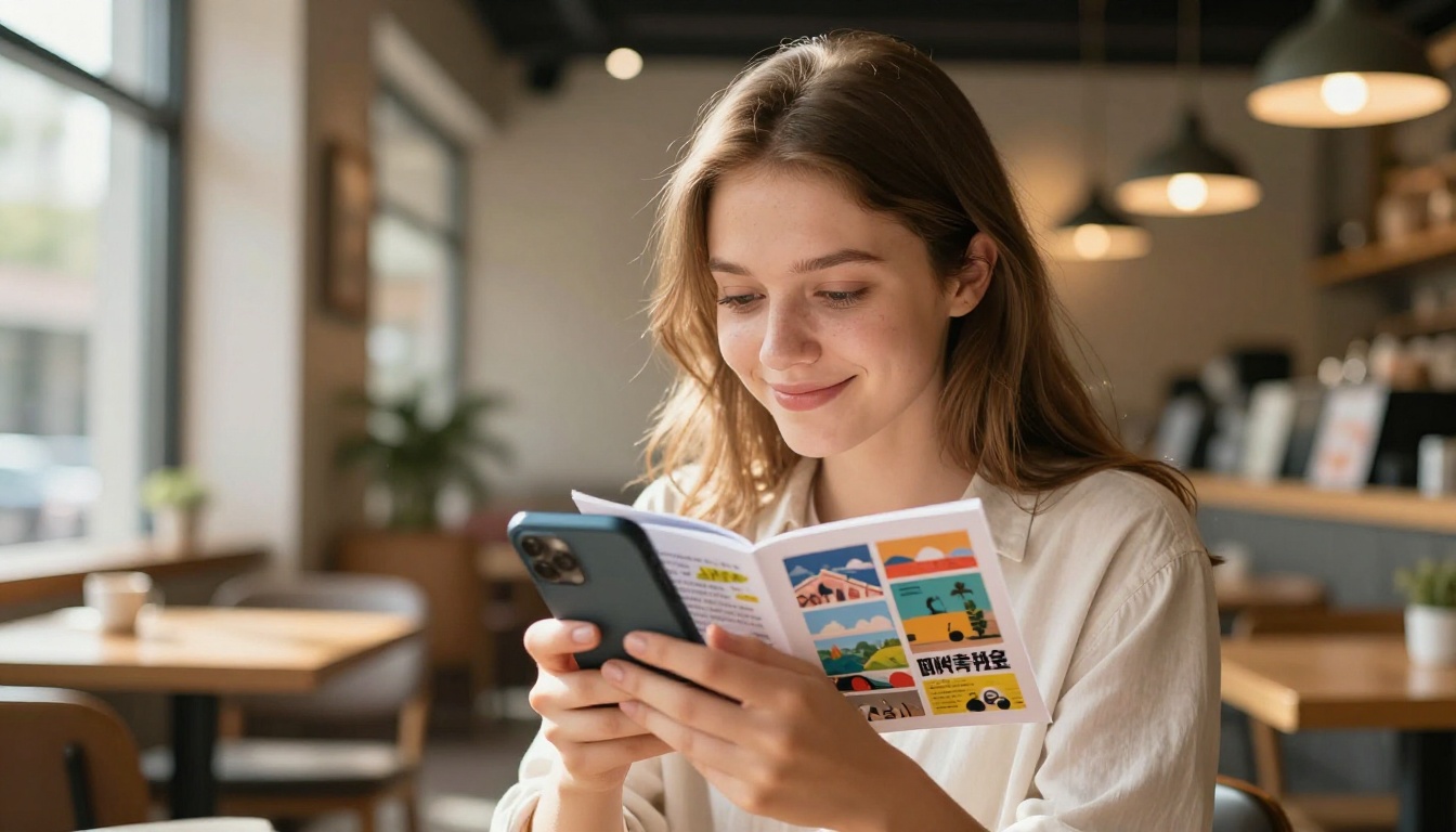 Young woman smiling while viewing an interactive flipbook on her smartphone in a bright cafe