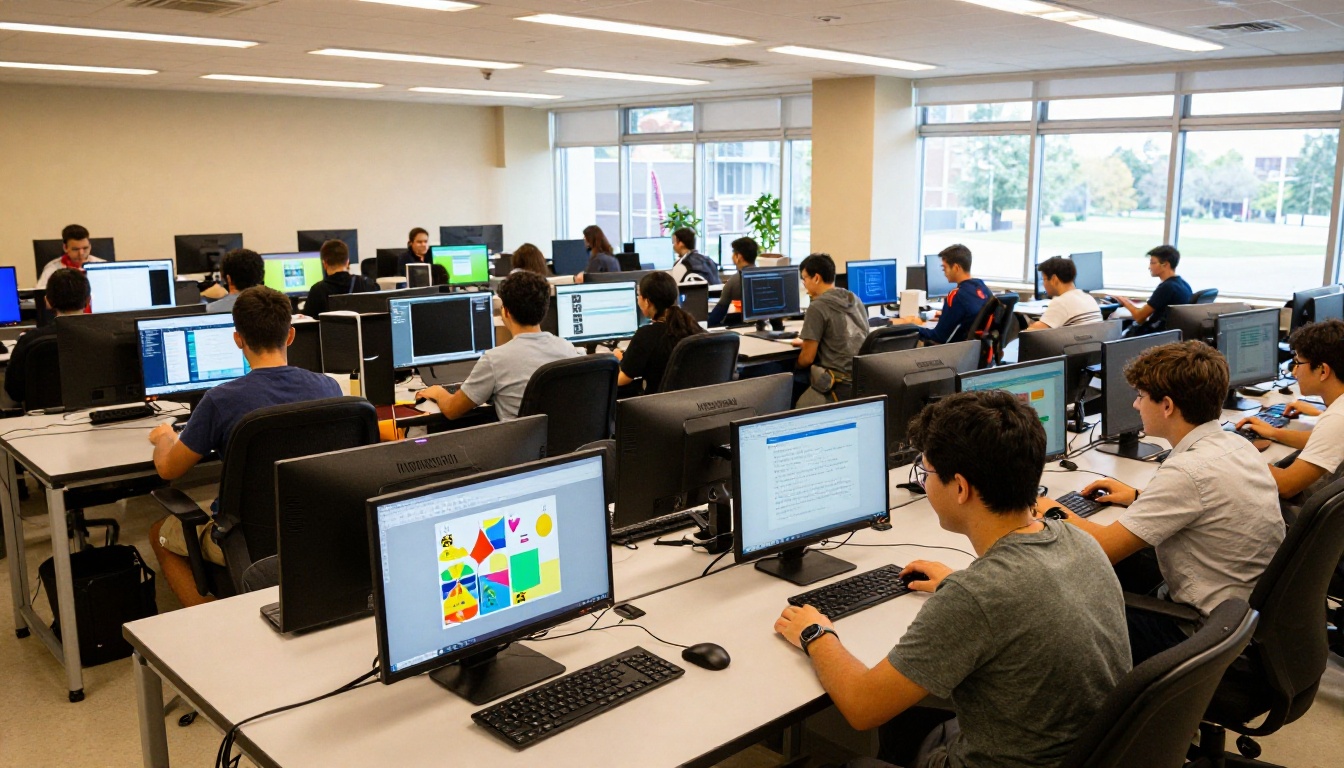 Wide shot of modern university computer lab with rows of students working at desktop computers on digital projects