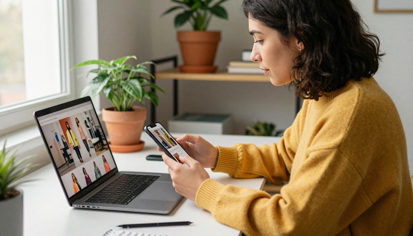 Professional woman reviewing fashion lookbook content on laptop and phone simultaneously