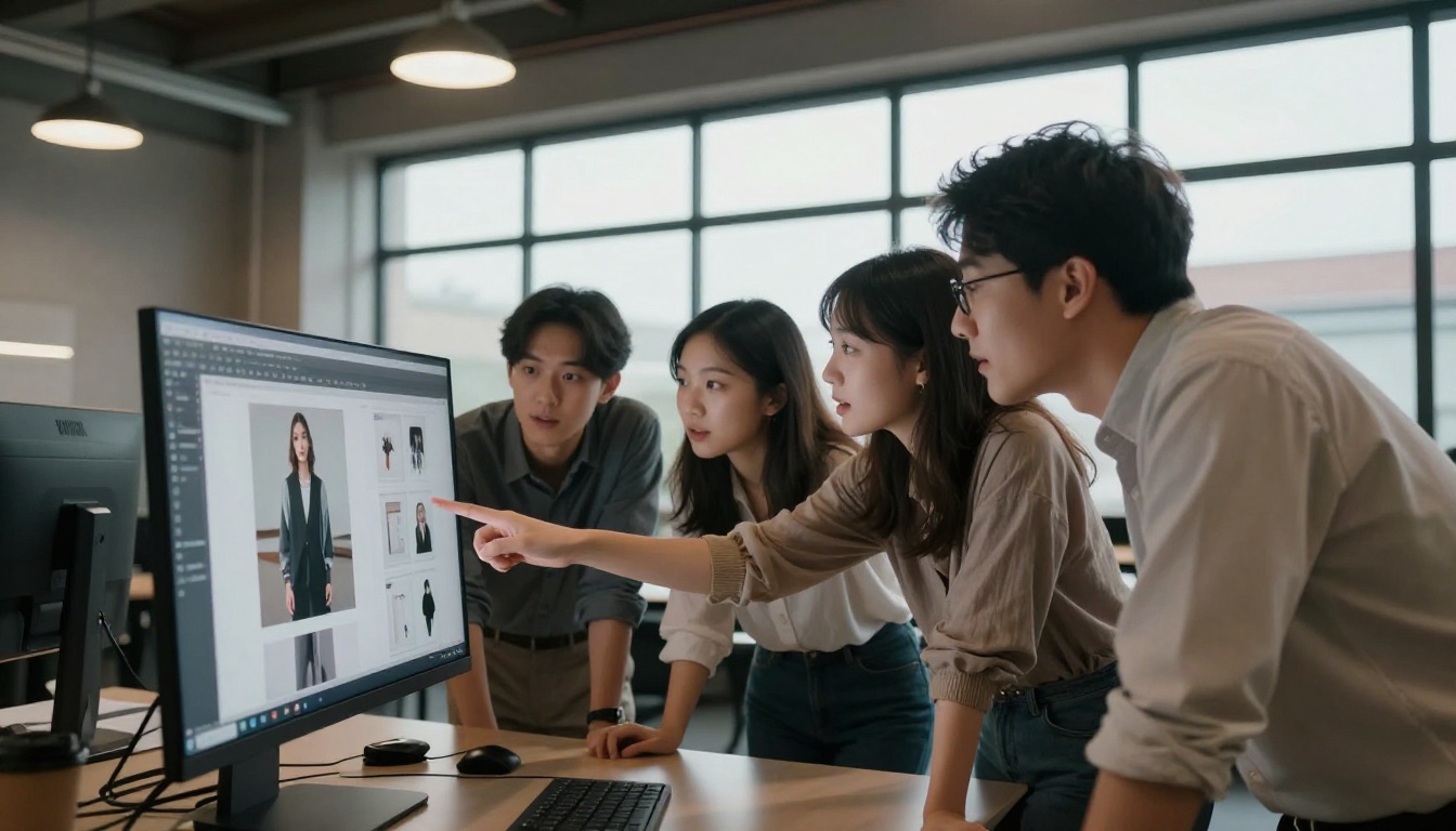 Small creative team collaborating around a monitor showing a digital lookbook interface