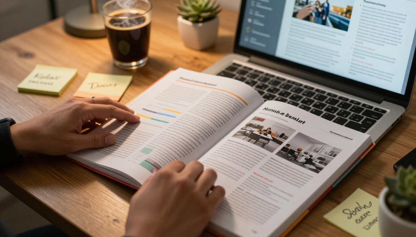 Nonprofit worker's hands reviewing an annual impact report on a wooden desk with coffee and sticky notes