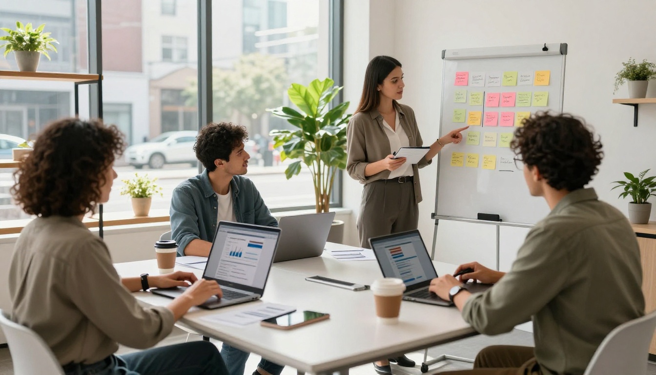 Diverse nonprofit team planning a fundraising campaign around a conference table in a bright open office