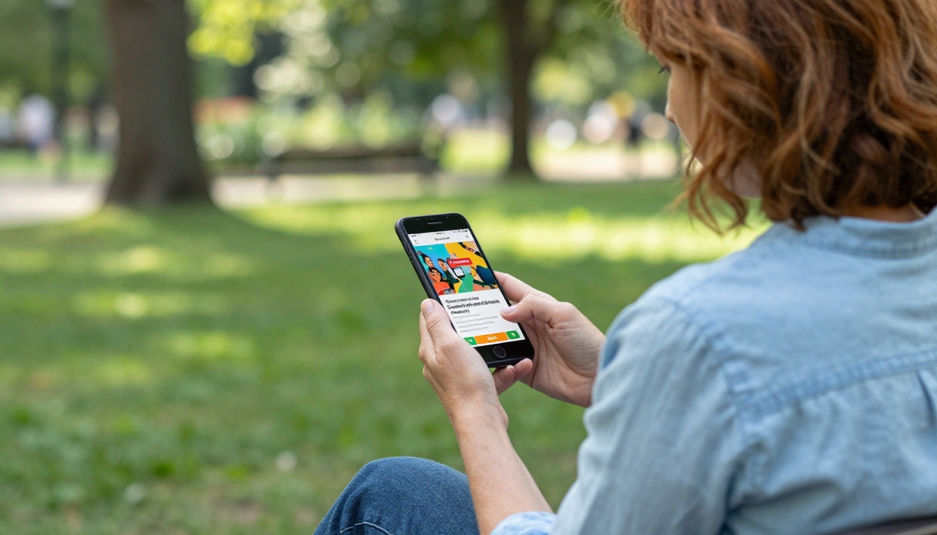 Donor reading a nonprofit fundraising flipbook on a smartphone while sitting in a sunny park