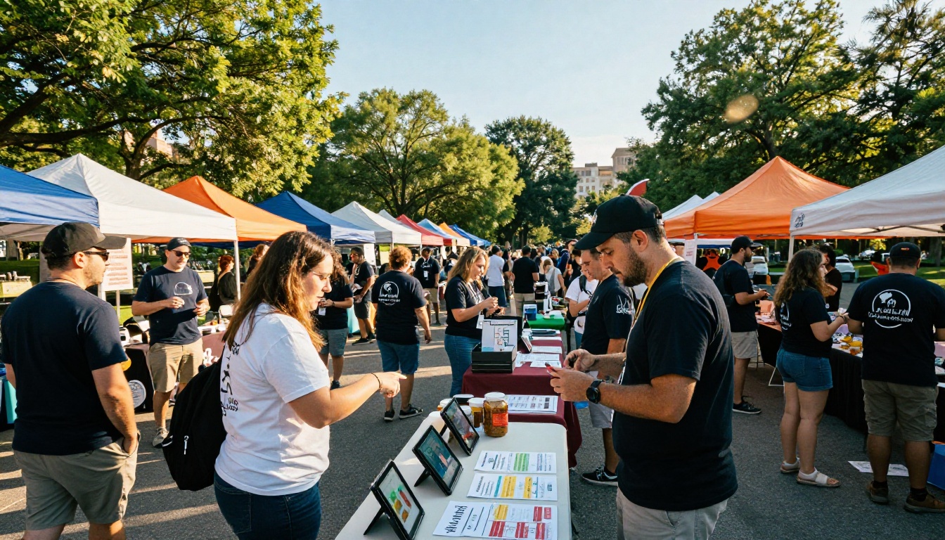 Outdoor charity fundraising event with colorful tents, donation tables, and engaged volunteers in a city park