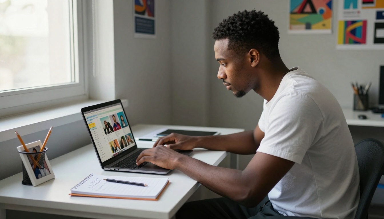 Young nonprofit content creator working on a digital publication at a minimalist desk with natural window light