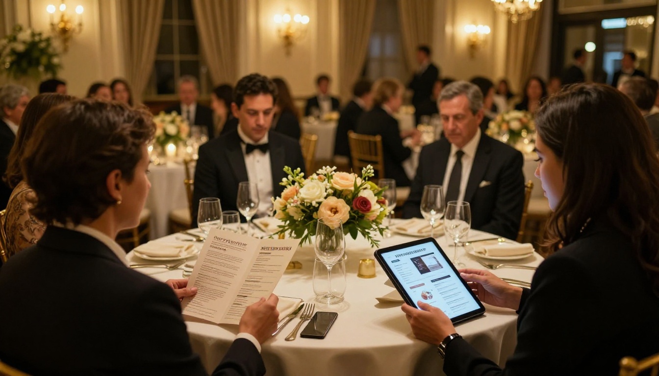 Elegant nonprofit charity gala with guests at a candlelit table reviewing digital event programs on tablets