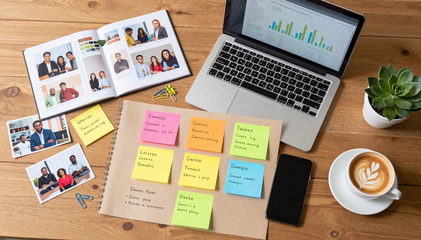 Overhead flat-lay of a nonprofit campaign planning workspace with laptop, smartphone, notes, sticky notes, and coffee