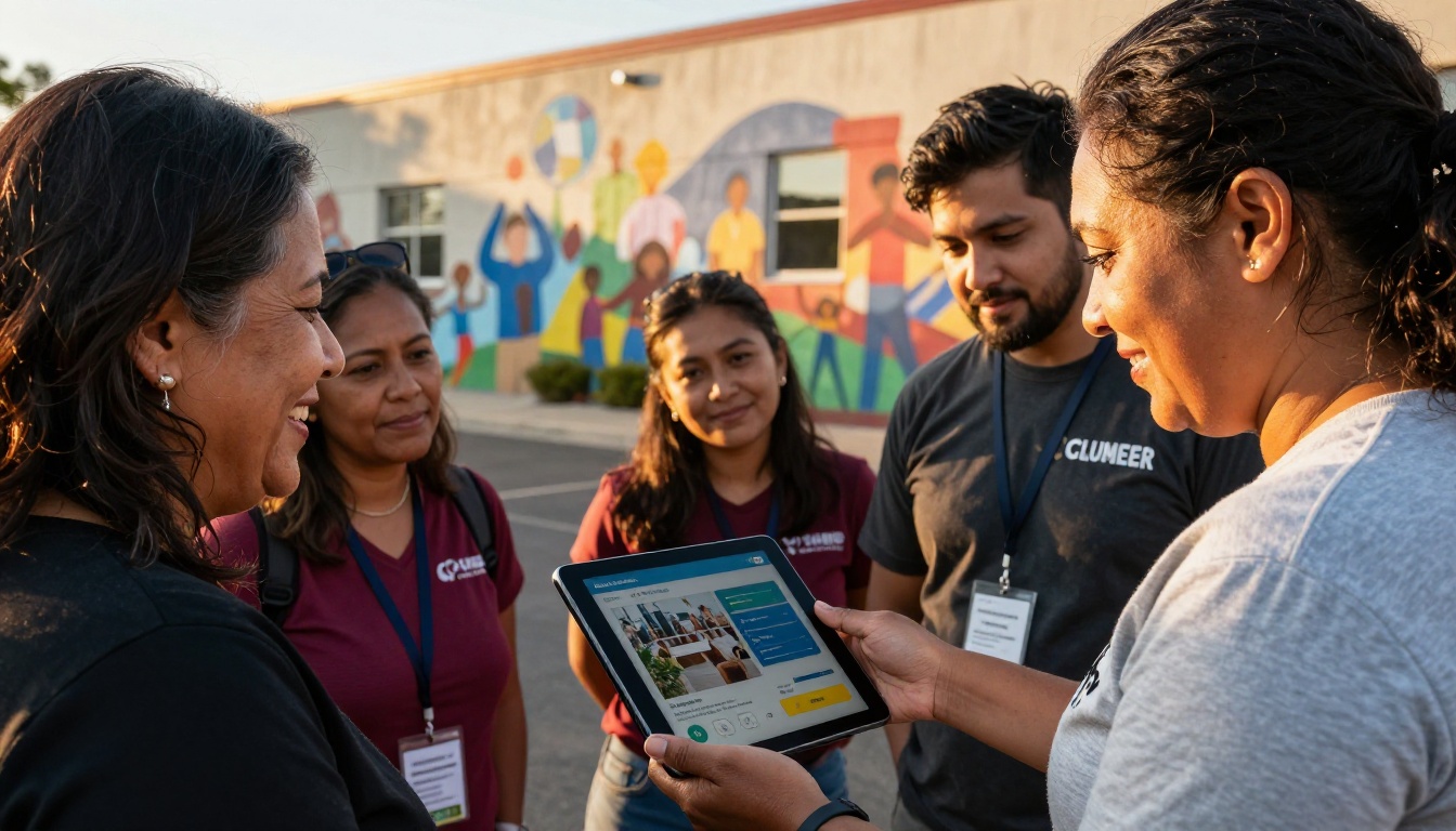 Nonprofit volunteer showing a digital fundraising booklet on a tablet to engaged community members outside a community center