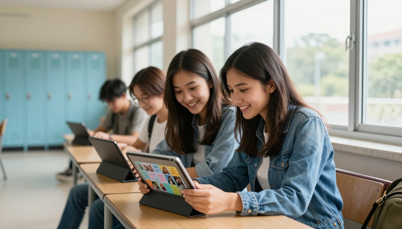 Two students browsing a digital yearbook on a tablet together